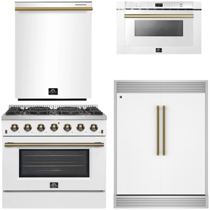 FORNO Galiano Package - 36" Gas Range, 60" Side-by-Side Refrigerator with Grill Trim, Dishwasher and 24" Microwave Drawer in White with Antique Brass Accents