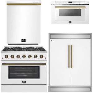 FORNO Galiano Package - 36" Gas Range, 60" Side-by-Side Refrigerator, Dishwasher and 24" Microwave Drawer in White with Antique Brass Accents