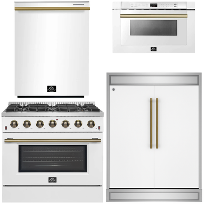 FORNO Galiano Package - 36" Dual Fuel Range, 60" Side-by-Side Refrigerator with Grill Trim, Dishwasher and 24" Microwave Drawer in White with Antique Brass Accents