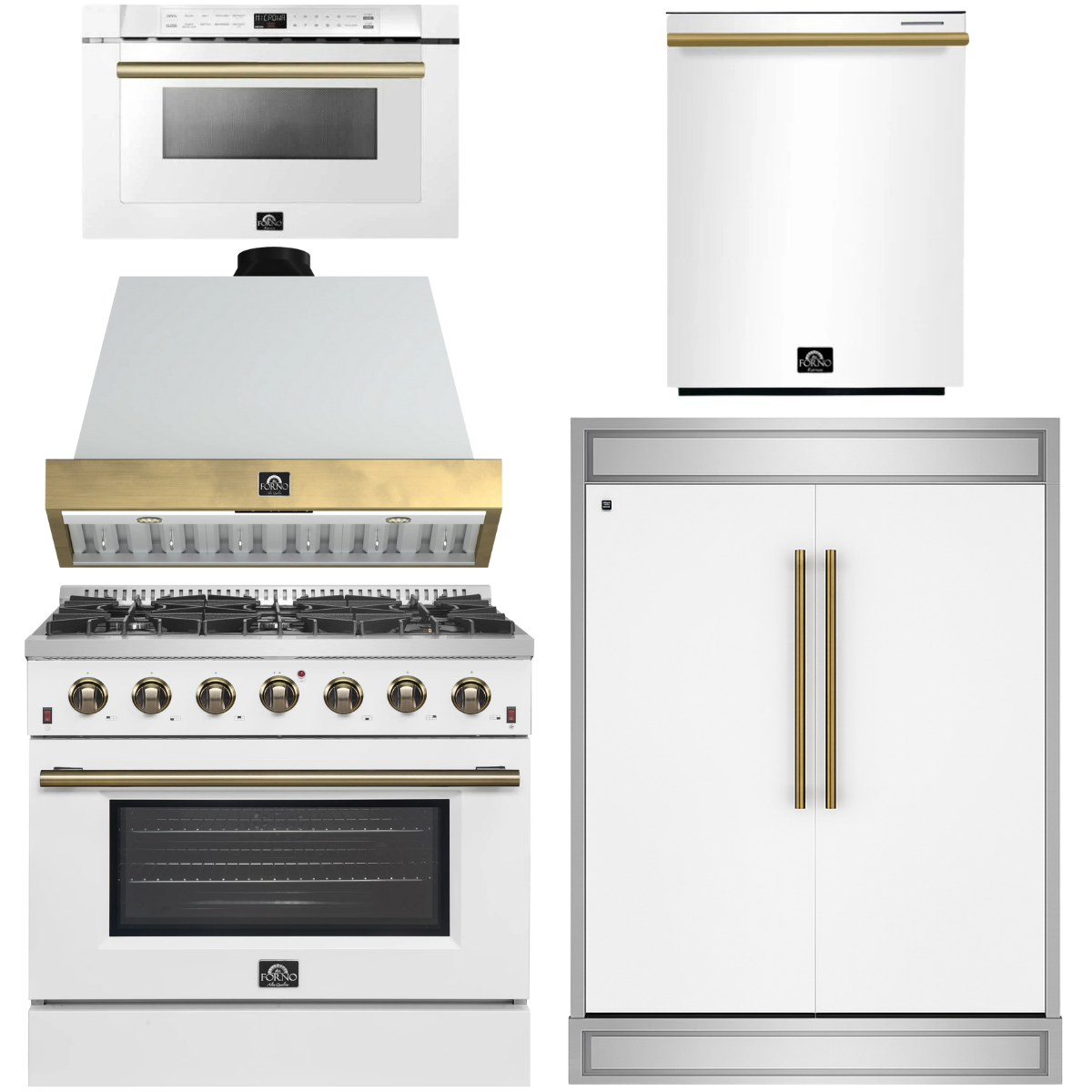 FORNO Galiano Package - 36" Gas Range, Range Hood, 60" Side-by-Side Refrigerator, Dishwasher and 24" Microwave Drawer in White with Antique Brass Accents