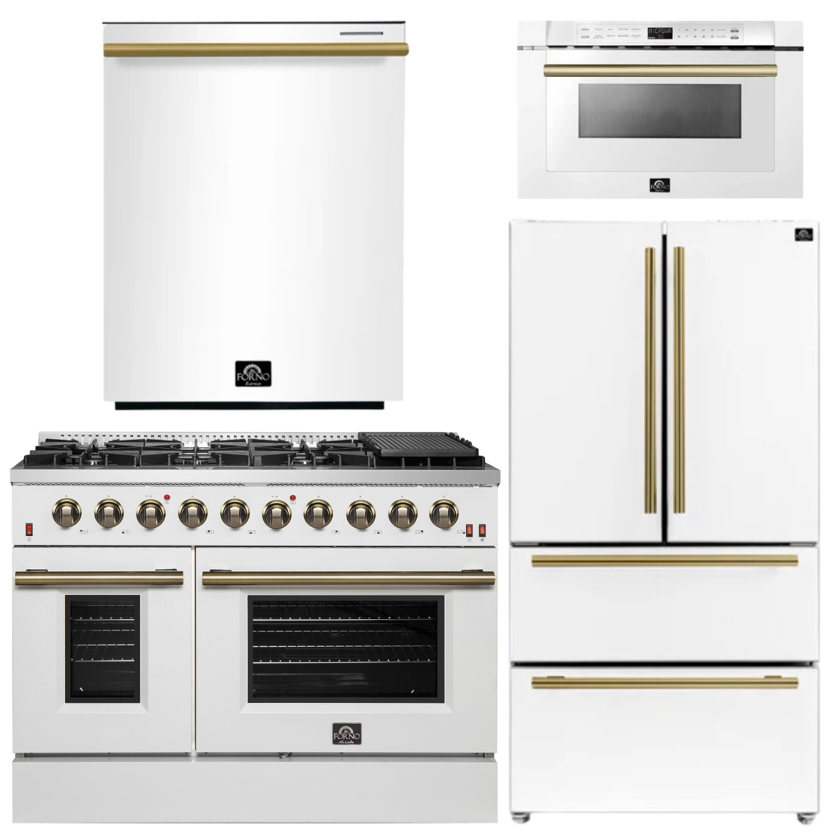 FORNO Galiano Package - 48" Gas Range, 36" Refrigerator with Ice Maker, Dishwasher and 24" Microwave Drawer in White with Antique Brass Accents