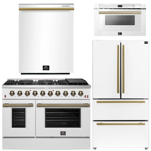 FORNO Galiano Package - 48" Gas Range, 36" Refrigerator with Ice Maker, Dishwasher and 24" Microwave Drawer in White with Antique Brass Accents