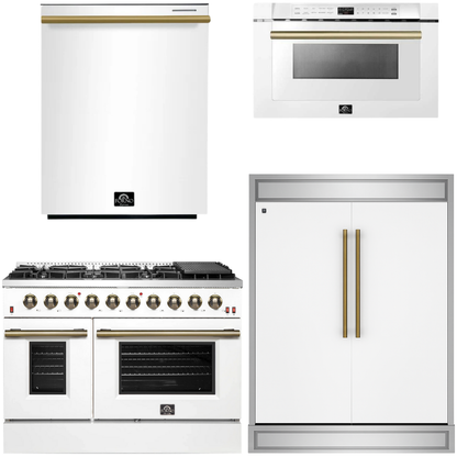 FORNO Galiano Package - 48" Dual Fuel Range, 60" Side-by-Side Refrigerator, Dishwasher and 24" Microwave Drawer in White with Antique Brass Accents