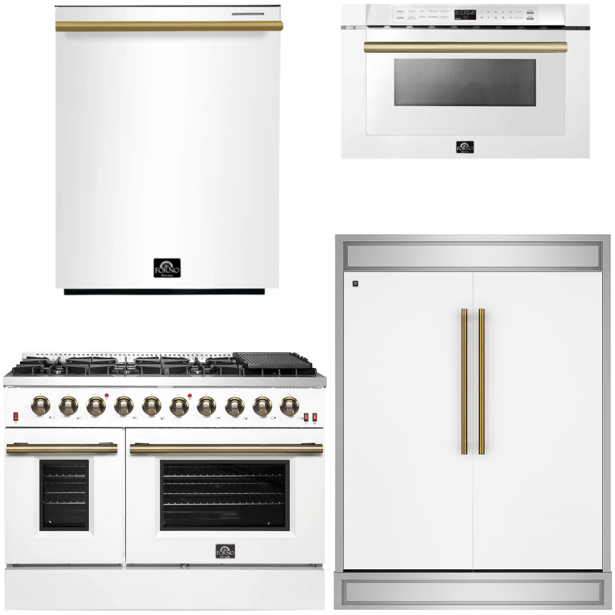 FORNO Galiano Package - 48" Gas Range, 60" Side-by-Side Refrigerator, Dishwasher and 24" Microwave Drawer in White with Antique Brass Accents