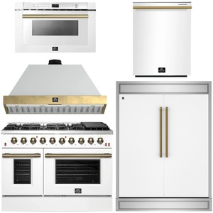 FORNO Galiano Package - 48" Dual Fuel Range, Range Hood, 60" Side-by-Side Refrigerator, Dishwasher and 24" Microwave Drawer in White with Antique Brass Accents