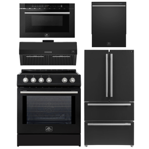 FORNO Espresso Package - 30" Induction Range, Range Hood, 36" Refrigerator with Ice Maker, Dishwasher and 24" Microwave Drawer in Black with Stainless Steel Accents