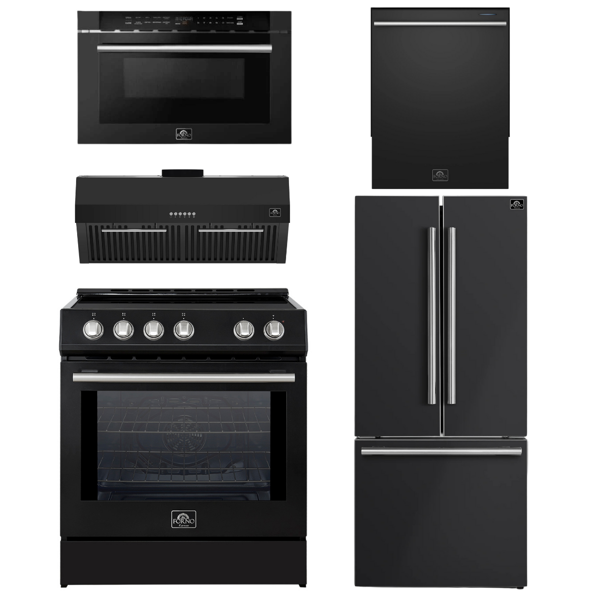FORNO Espresso Package - 30" Induction Range, Range Hood, 30" Refrigerator with Ice Maker, Dishwasher and 24" Microwave Drawer in Black with Stainless Steel Accents