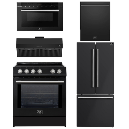 FORNO Espresso Package - 30" Induction Range, Range Hood, 30" Refrigerator with Ice Maker, Dishwasher and 24" Microwave Drawer in Black with Stainless Steel Accents