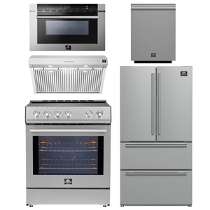 FORNO Espresso Package - 30" Induction Range, Range Hood, 36" Refrigerator with Ice Maker, Dishwasher and 24" Microwave Drawer in Stainless Steel