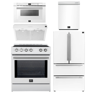 FORNO Espresso Package - 30" Induction Range, Range Hood, 36" Refrigerator with Ice Maker, Dishwasher and 24" Microwave Drawer in White with Stainless Steel Accents