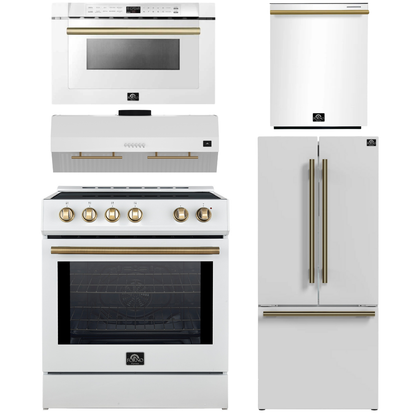 FORNO Espresso Package - 30" Induction Range, Range Hood, 30" Refrigerator with Ice Maker, Dishwasher and 24" Microwave Drawer in White with Antique Brass Accents