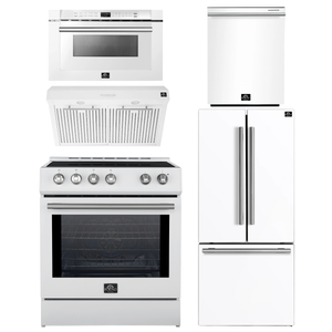 FORNO Espresso Package - 30" Induction Range, Range Hood, 30" Refrigerator with Ice Maker, Dishwasher and 24" Microwave Drawer in White with Stainless Steel Accents