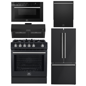 FORNO Espresso Package - 30" Gas Range, Range Hood, 30" Refrigerator with Ice Maker, Dishwasher and 24" Microwave Drawer in Black with Stainless Steel Accents