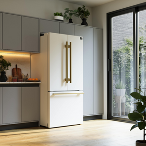 FORNO Espresso Package - 30" Gas Range, Range Hood, 30" Refrigerator with Ice Maker, Dishwasher and 24" Microwave Drawer in White with Antique Brass Accents