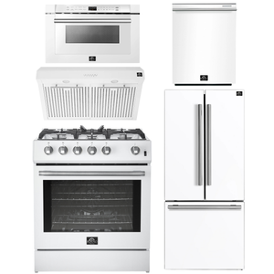 FORNO Espresso Package - 30" Gas Range, Range Hood, 30" Refrigerator with Ice Maker, Dishwasher and 24" Microwave Drawer in White with Stainless Steel Accents