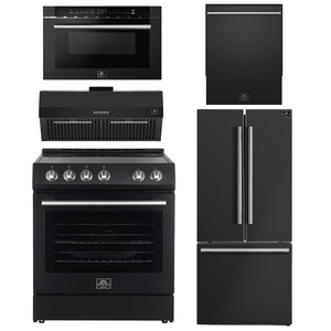FORNO Espresso Package - 30" Electric Range, Range Hood, 30" Refrigerator with Ice Maker, Dishwasher and 24" Microwave Drawer in Black with Stainless Steel Accents