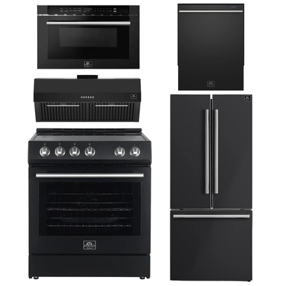 FORNO Espresso Package - 30" Electric Range, Range Hood, 30" Refrigerator with Ice Maker, Dishwasher and 24" Microwave Drawer in Black with Stainless Steel Accents