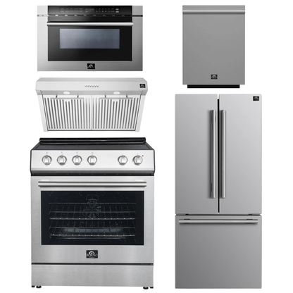 FORNO Espresso Package - 30" Electric Range, Range Hood, 30" Refrigerator with Ice Maker, Dishwasher and 24" Microwave Drawer in Stainless Steel
