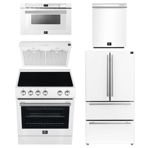 FORNO Espresso Package - 30" Electric Range, Range Hood, 36" Refrigerator with Ice Maker, Dishwasher and 24" Microwave Drawer in White with Stainless Steel Accents