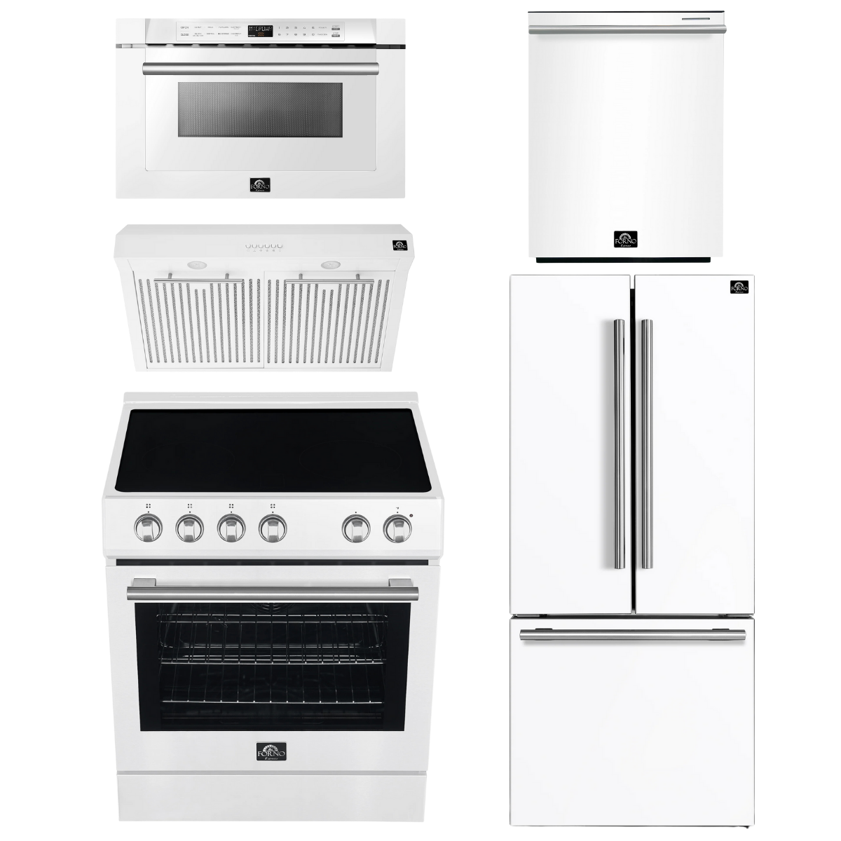 FORNO Espresso Package - 30" Electric Range, Range Hood, 30" Refrigerator with Ice Maker, Dishwasher and 24" Microwave Drawer in White with Stainless Steel Accents