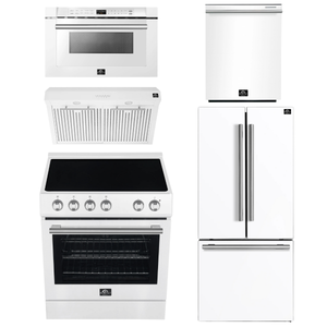 FORNO Espresso Package - 30" Electric Range, Range Hood, 30" Refrigerator with Ice Maker, Dishwasher and 24" Microwave Drawer in White with Stainless Steel Accents