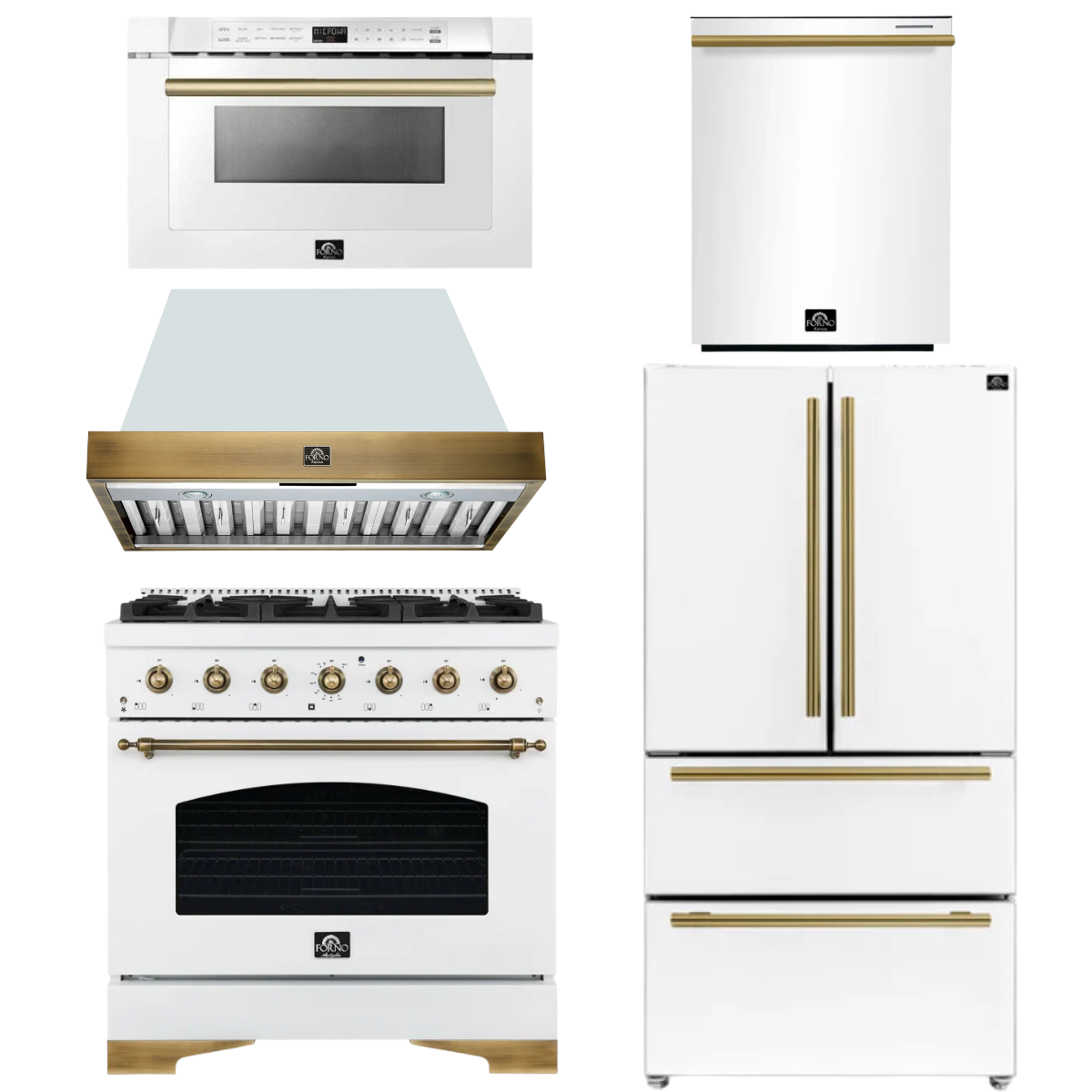 FORNO Antico Package - 36" Gas Range, Range Hood, 36" Refrigerator with Ice Maker, Dishwasher and 24" Microwave Drawer in White with Antique Brass Accents