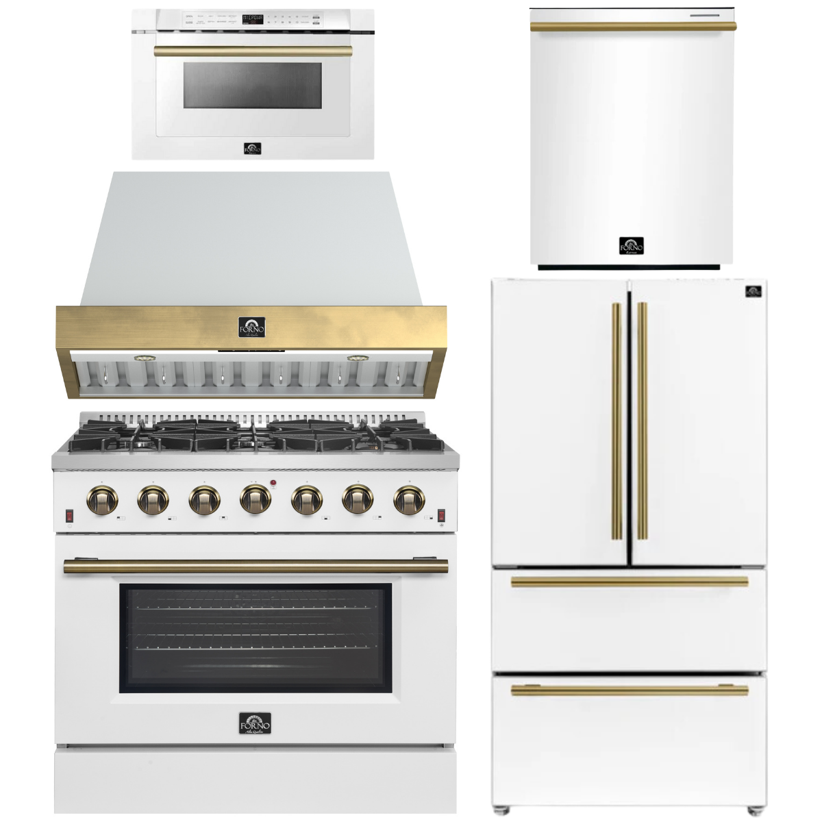 FORNO Galiano Package - 36" Gas Range, Range Hood, 36" Refrigerator with Ice Maker, Dishwasher and 24" Microwave Drawer in White with Antique Brass Accents