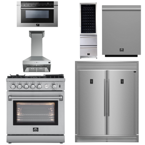 FORNO Appliance Package - 30" Gas Range, 30" Range Hood, 60" Refrigerator, Dishwasher, Microwave Drawer, Wine Cooler, AP-FFSGS6276-30-W-9