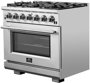 FORNO Appliance Package - 36 Inch Gas Burner/Electric Oven Pro Range, Wall Mount Range Hood, Microwave Drawer, AP-FFSGS6187-36-3