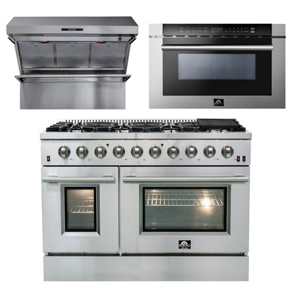FORNO Appliance Package - 48 Inch Gas Range, Wall Mount Range Hood, Microwave Drawer, AP-FFSGS6244-48-3