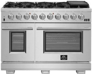FORNO Appliance Package - 48 Inch Pro Gas Range, Wall Mount Range Hood, Microwave Drawer, AP-FFSGS6260-48-3