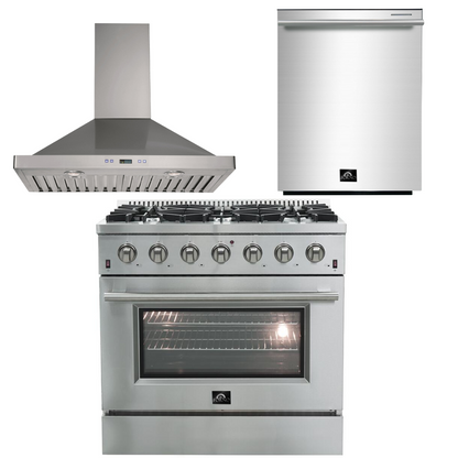 FORNO Appliance Package - 36 Inch Gas Range, Wall Mount Range Hood, Dishwasher, AP-FFSGS6244-36-W-2