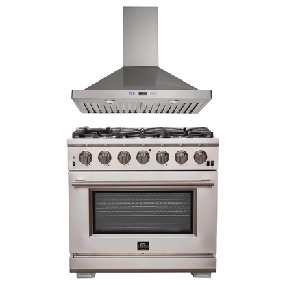 FORNO Appliance Package- 36 Inch Pro Gas Range, Wall Mount Range Hood, AP-FFSGS6260-36-W