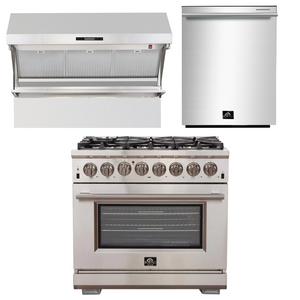 FORNO Appliance Package - 36 Inch Gas Burner/Electric Oven Pro Range, Wall Mount Range Hood, Dishwasher, AP-FFSGS6187-36-2