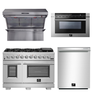 FORNO Appliance Package - 48 Inch Pro Gas Range, Wall Mount Range Hood, Microwave Drawer, Dishwasher, AP-FFSGS6260-48-6