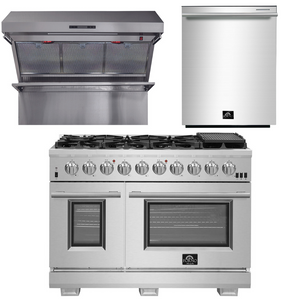 FORNO Appliance Package - 48 Inch Gas Burner/Electric Oven Pro Range, Wall Mount Range Hood, Dishwasher, AP-FFSGS6187-48-2