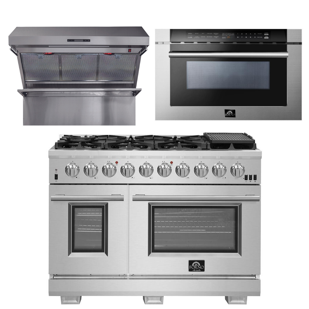 FORNO Appliance Package - 48 Inch Gas Burner/Electric Oven Pro Range, Wall Mount Range Hood, Microwave Drawer, AP-FFSGS6187-48-3