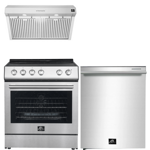 FORNO Espresso Package - 30" Electric Range, Range Hood and Dishwasher in Stainless Steel