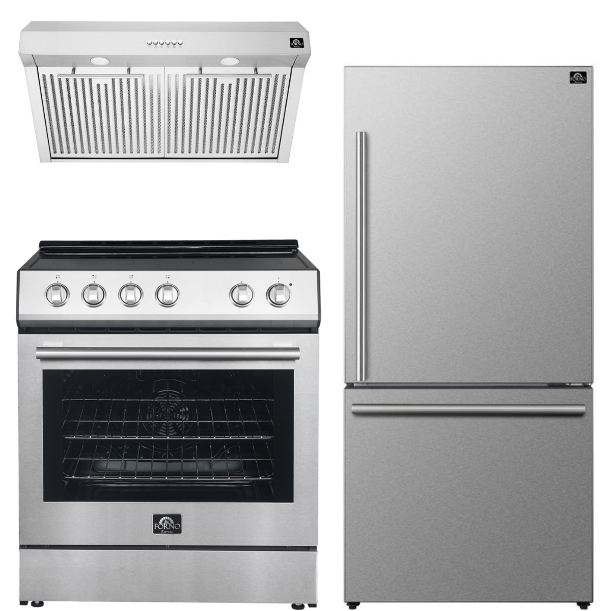 FORNO Espresso Package - 30" Electric Range, Range Hood and Refrigerator in Stainless Steel, FBDL-001-01US
