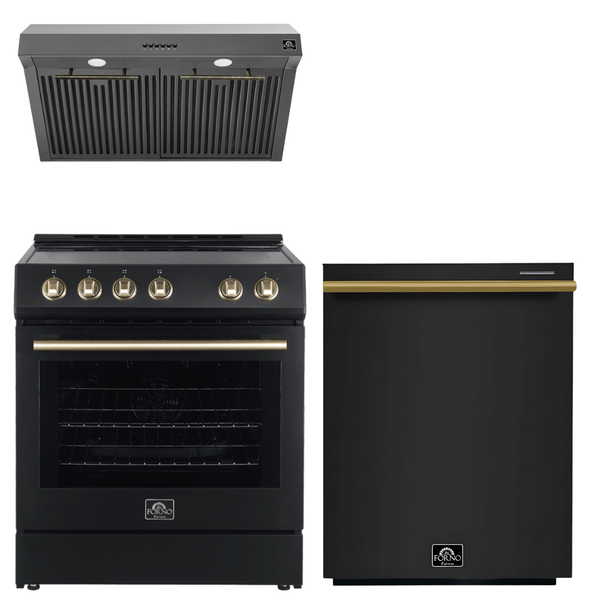 FORNO Espresso Package - 30" Electric Range, Range Hood and Dishwasher in Black with Antique Brass Handles