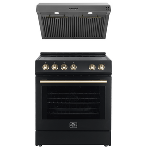 FORNO Espresso Package - 30" Electric Range and Range Hood in Black with Antique Brass Handles, FBDL-002-02US