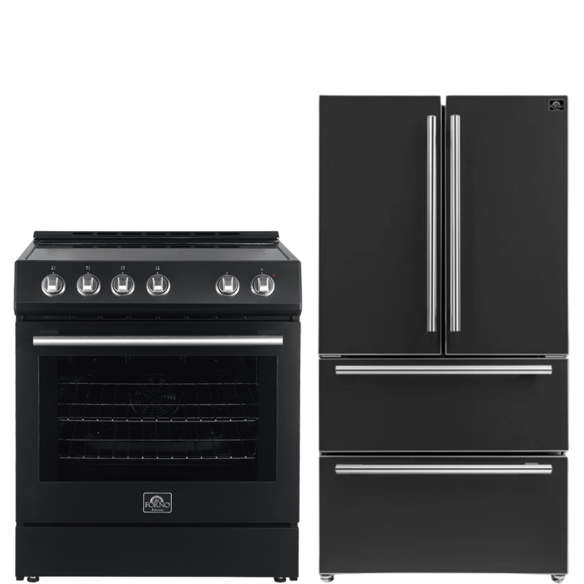 FORNO Espresso Package - 30" Electric Range and Refrigerator in Black with Stainless Steel Handles
