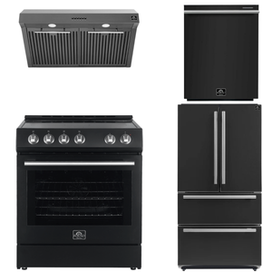 FORNO Espresso Package - 30" Electric Range, Range Hood, Refrigerator and Dishwasher in Black with Stainless Steel Handles
