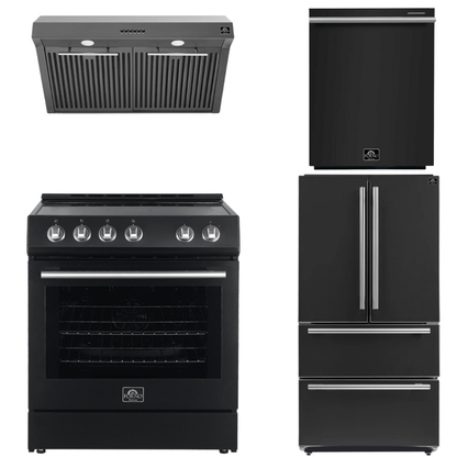FORNO Espresso Package - 30" Electric Range, Range Hood, Refrigerator and Dishwasher in Black with Stainless Steel Handles