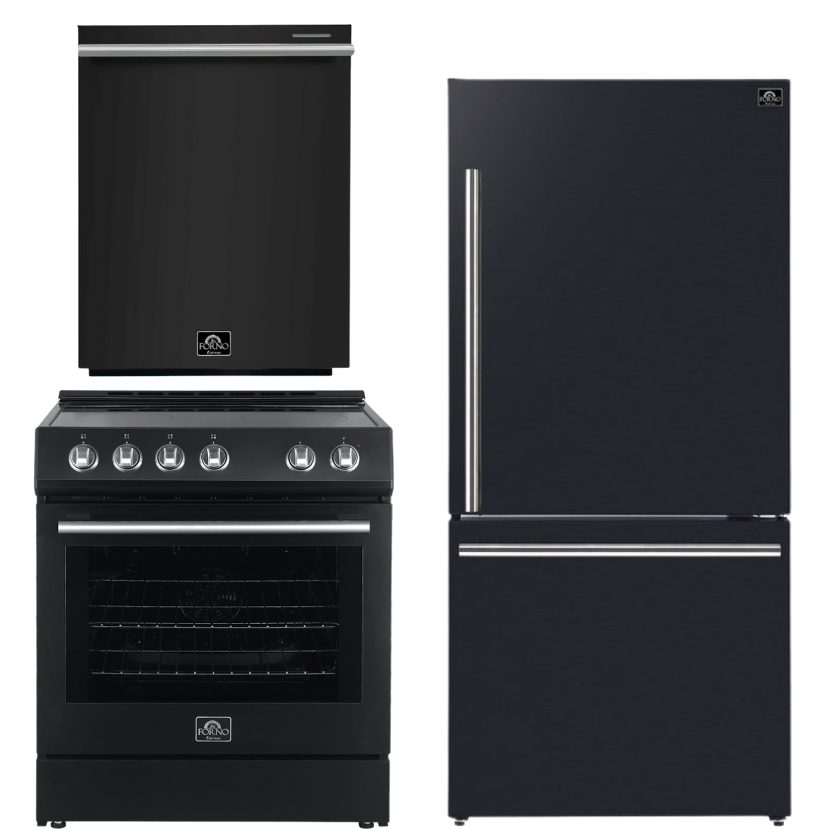 FORNO Espresso Package - 30" Electric Range, Refrigerator and Dishwasher in Black with Stainless Steel Handles
