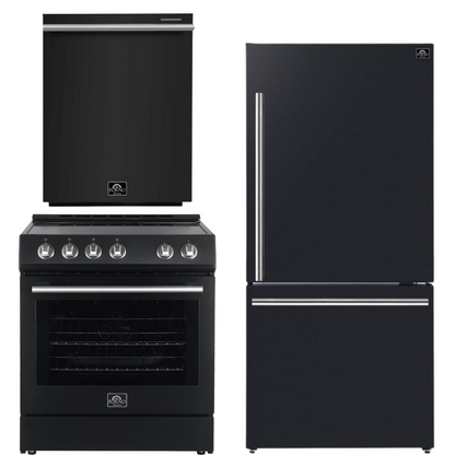 FORNO Espresso Package - 30" Electric Range, Refrigerator and Dishwasher in Black with Stainless Steel Handles