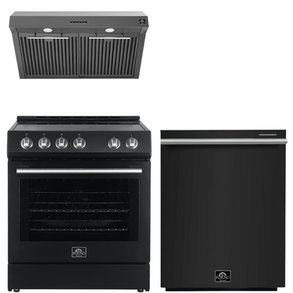 FORNO Espresso Package - 30" Electric Range, Range Hood and Dishwasher in Black with Stainless Steel Handles
