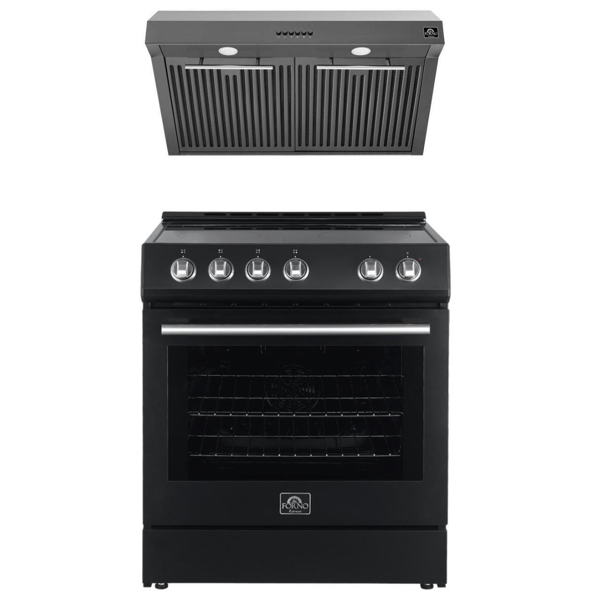 FORNO Espresso Package - 30" Electric Range and Range Hood in Black with Stainless Steel Handles, FBDL-002-02US