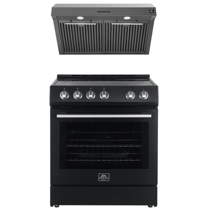 FORNO Espresso Package - 30" Electric Range and Range Hood in Black with Stainless Steel Handles, FBDL-002-02US