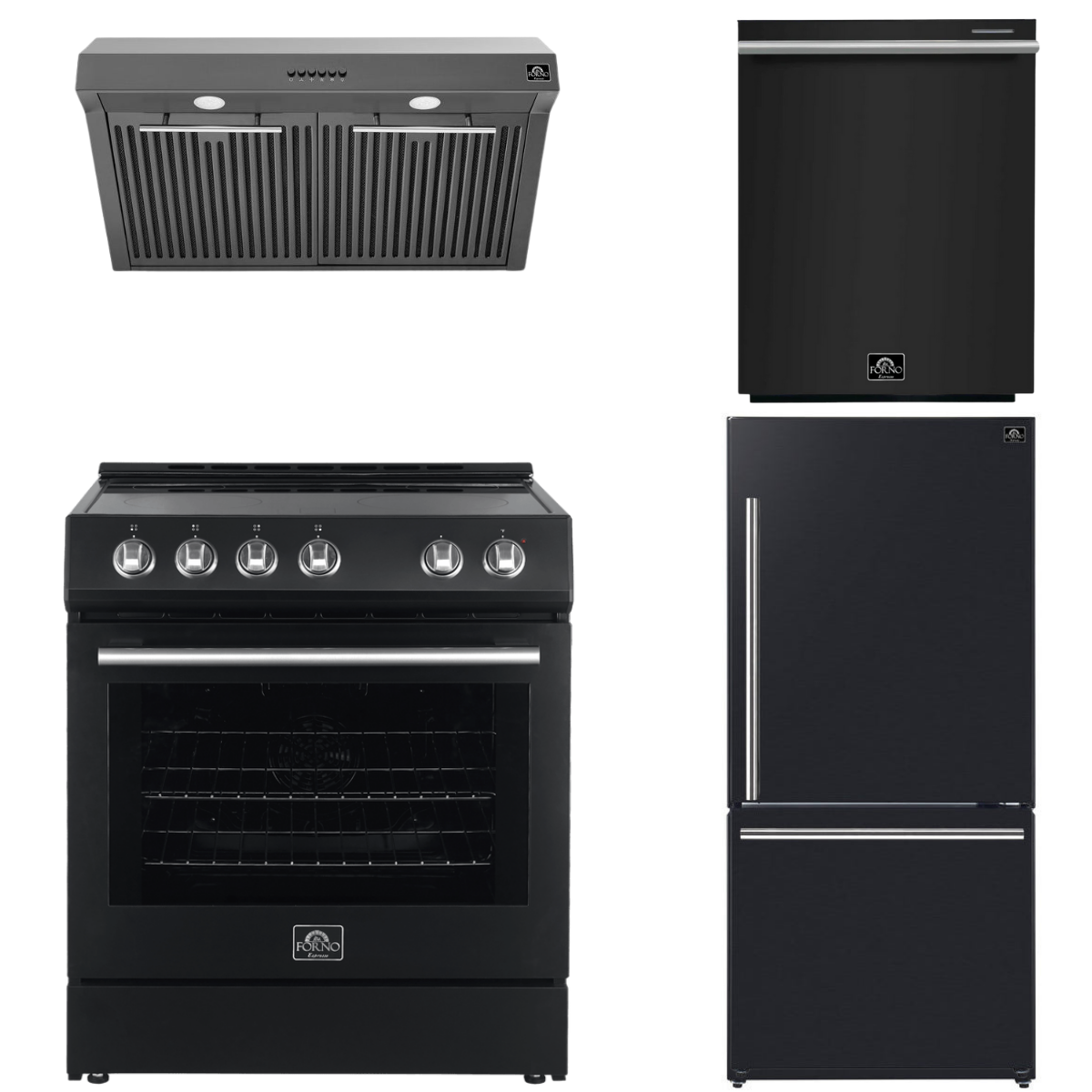 FORNO Espresso Package - 30" Electric Range, Range Hood, Refrigerator and Dishwasher in Black with Stainless Steel Handles, FBDL-006-02US